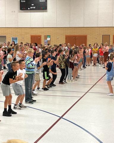 Students line dancing